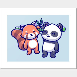 Cute Panda And Red Panda Hanging On Bamboo Cartoon Posters and Art